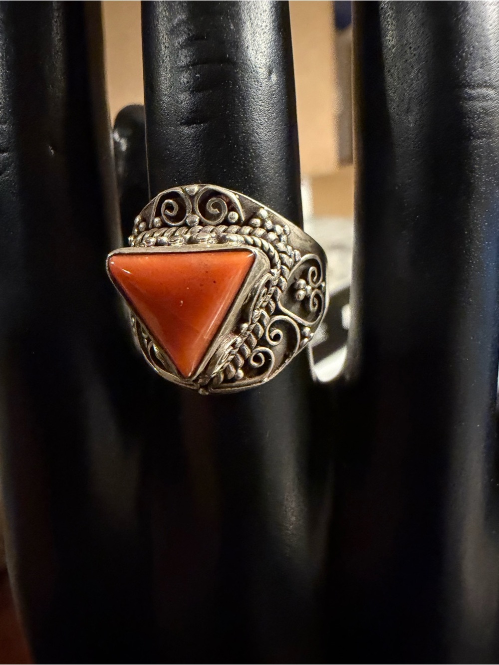 Red Coral Ring Adjustable Filigree Sterling Silver 925